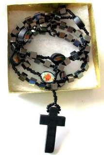 Black Hematite & Wooden Beads with Pictures Rosary Rosaries 32 long 