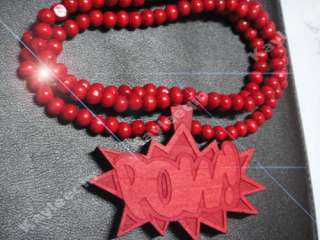 POW Wood Chain Necklace Beads Wooden Pendant Hip Hop Hipa Kitsch 