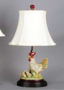 NEW! PRETTY PORCELAIN ROOSTER & CHICKS, WOOD LAMP 21H  