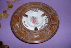 Set Old French Wooden + Porcelain Ashtray ROSE Limoges  