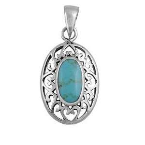  Sterling Silver Antique Inspired Oval Turquoise Pendant Jewelry